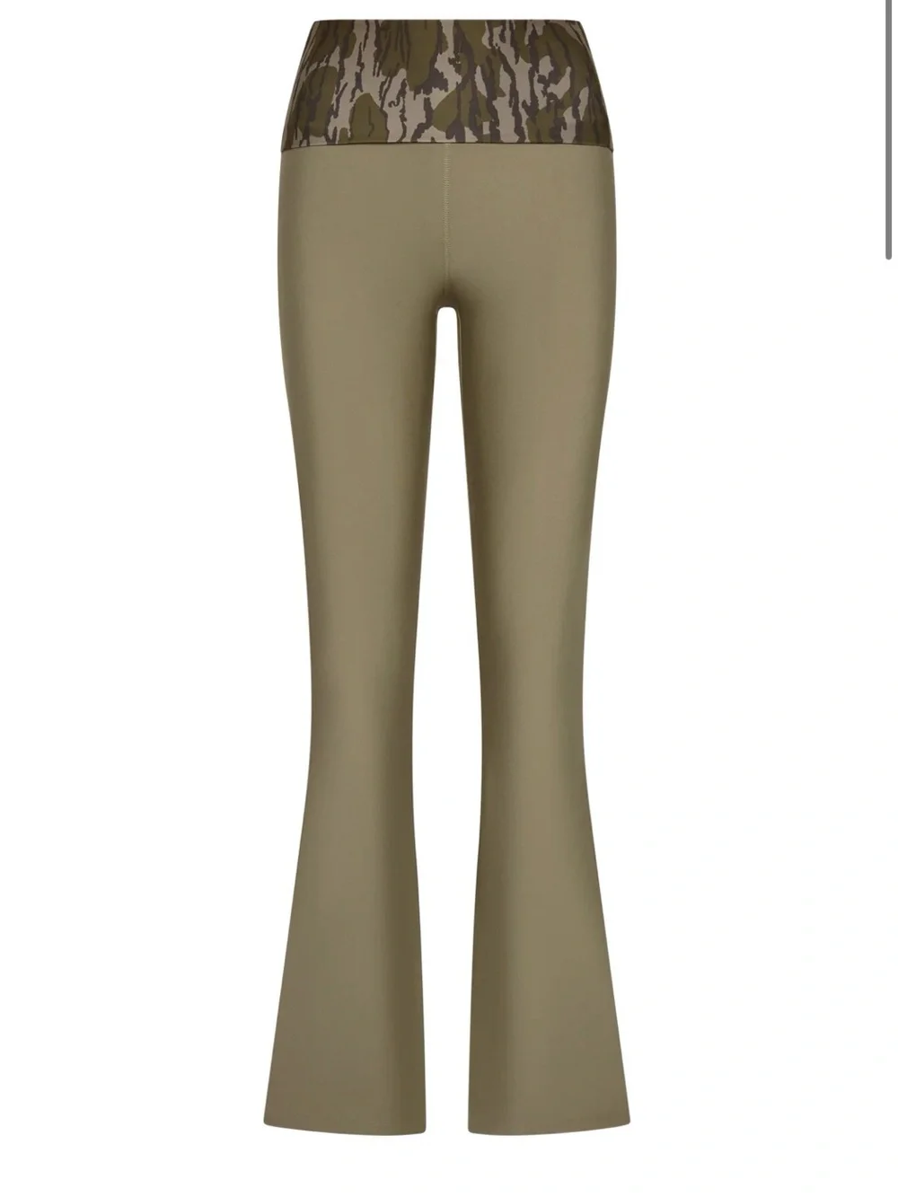 Olive High-Waist Flare Leggings with Camo Waistband